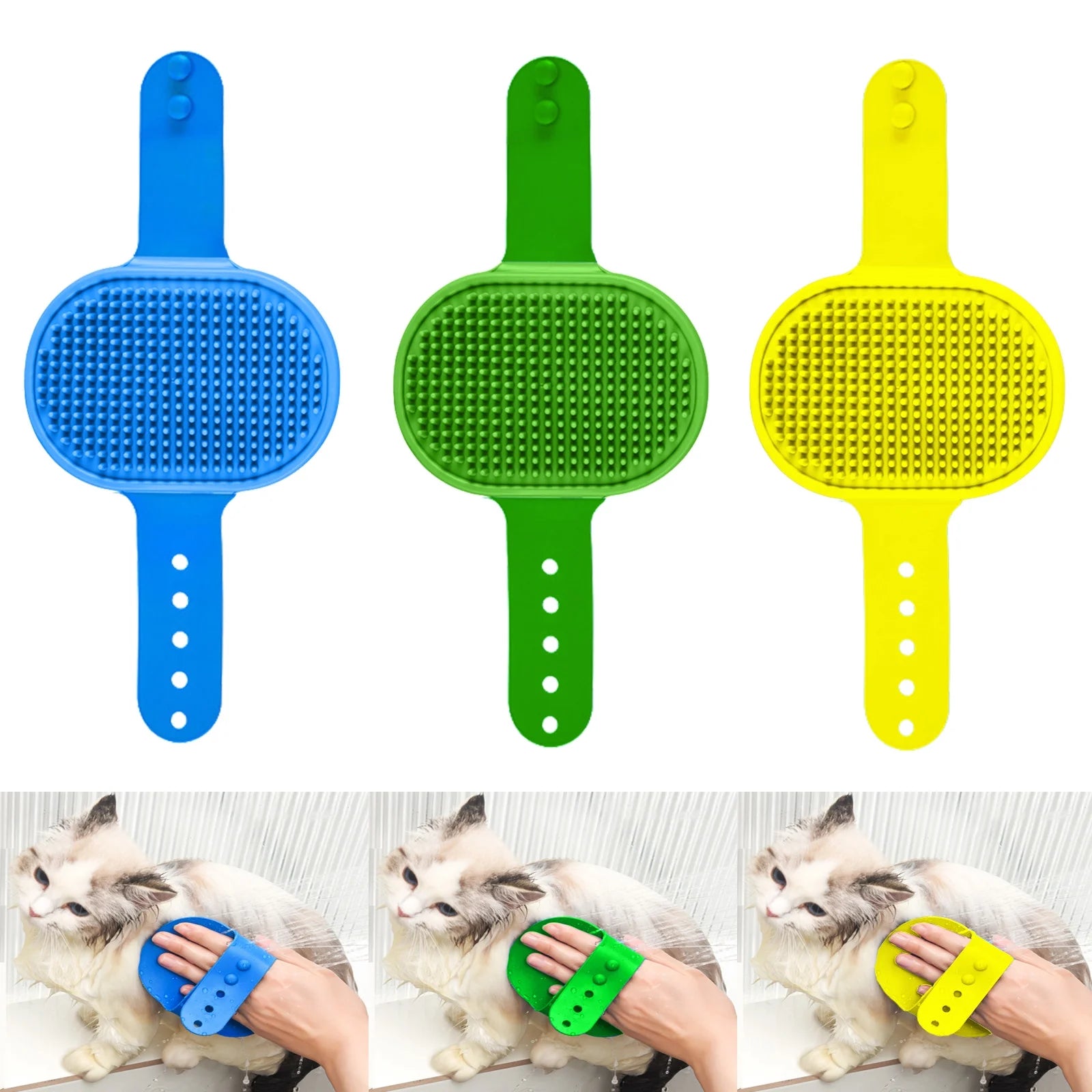 3-Pack Adjustable Width Pet Bath Brushes for Dogs and Cats - Soft Grooming Brushes for Showering and Washing (Blue, Green, Yellow)