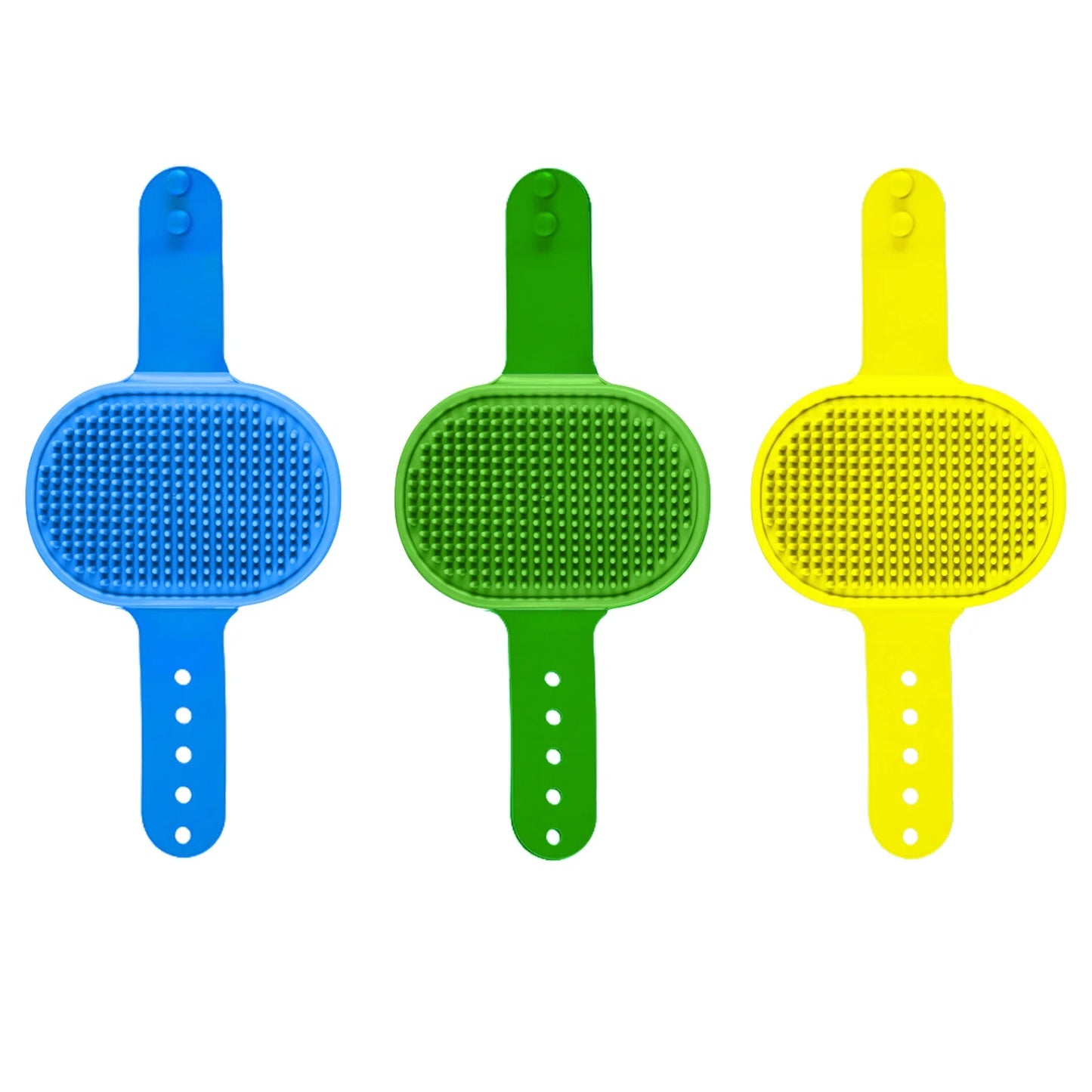 3-Pack Adjustable Width Pet Bath Brushes for Dogs and Cats - Soft Grooming Brushes for Showering and Washing (Blue, Green, Yellow)
